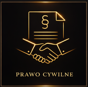 Prawo cywilne przedstawione na eleganckiej grafice w czarno-złotej kolorystyce.