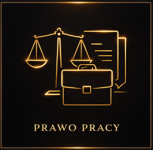 Prawo pracy przedstawione na eleganckiej grafice w czarno-złotej kolorystyce.
